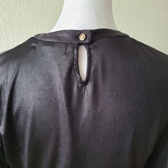 Karina Grimaldi‎ Asymmetrical Black Bodycon Mini Dress Size Medium Gold Buttons - Picture 8 of 12